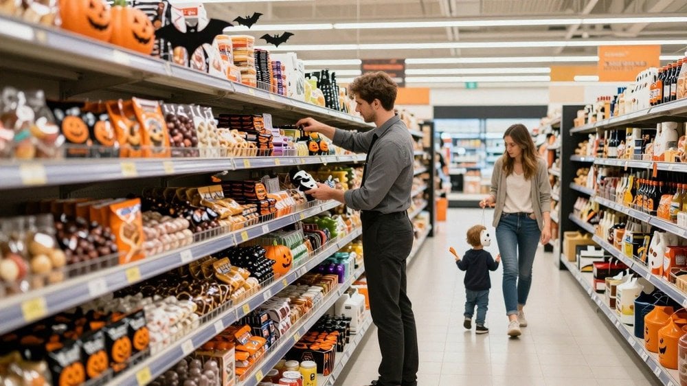 Rayon de supermarché décoré pour Halloween ouvert le samedi 31 octobre 2026