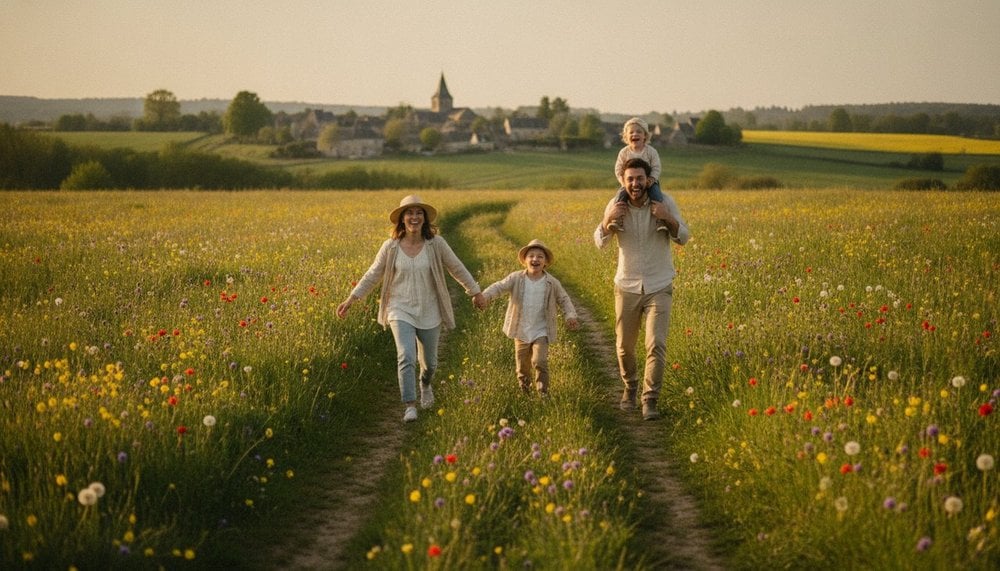Famille profitant d'un long week-end de printemps à la campagne pour le pont de l'Ascension