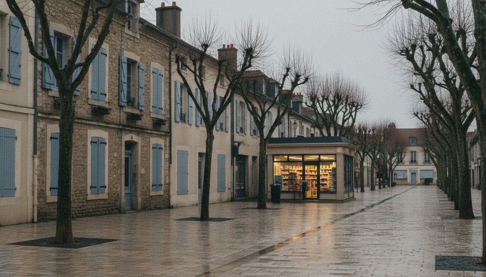 Rue commercante en novembre avec commerces fermes et une superette ouverte