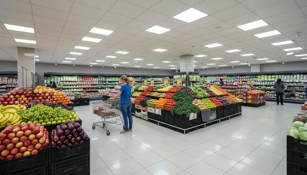 Rayon de supermarché ouvert un jour férié avec un client faisant ses courses