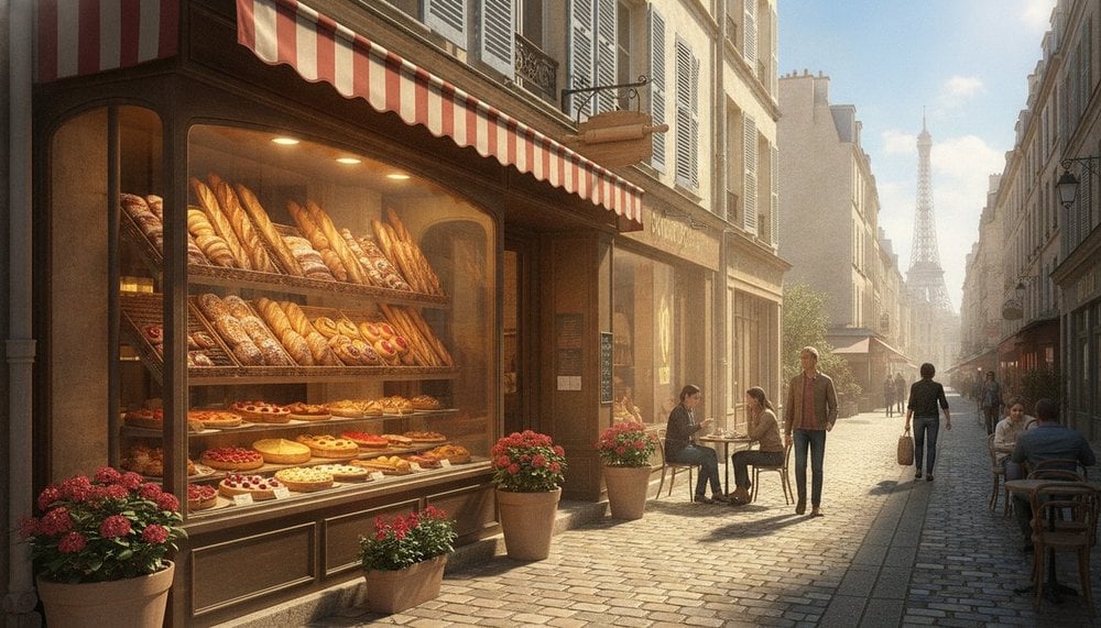 Boulangerie de quartier ouverte le matin du 15 août avec baguettes en vitrine