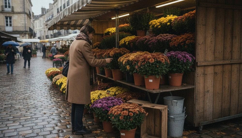 Chrysanthèmes en vente chez un fleuriste ouvert pour la Toussaint 2026