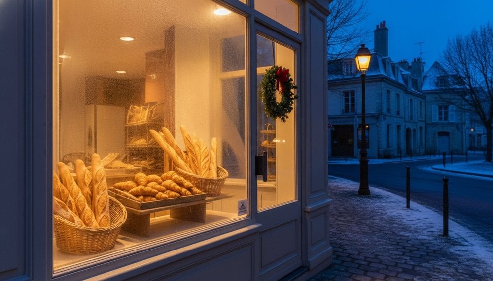 Vitrine éclairée d'une boulangerie ouverte au petit matin du 25 décembre