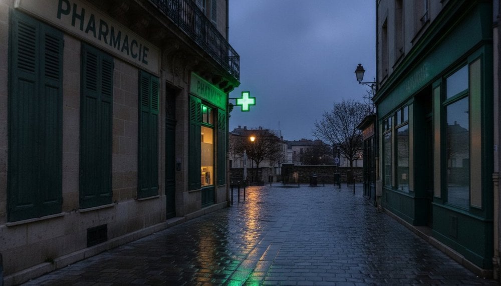 Croix verte de pharmacie allumée dans une rue française déserte un soir d'hiver