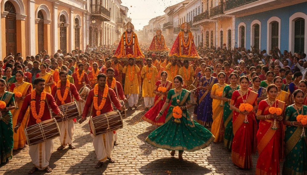 Procession traditionnelle colorée lors d'une fête religieuse en Asie du Sud