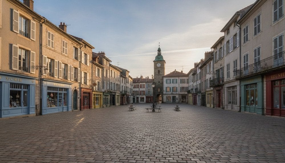 Place de ville européenne déserte et commerces fermés un jour férié