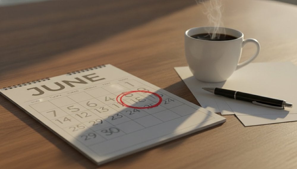 Calendrier de juin 2028 avec le lundi de Pentecôte entouré et une tasse de café