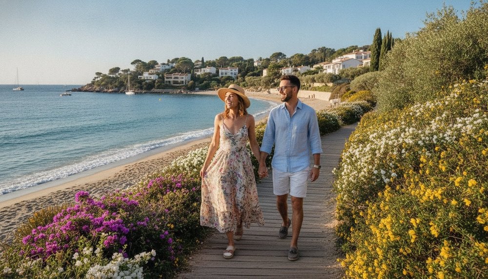 Couple profitant d'une escapade de printemps en bord de mer sous un ciel dégagé
