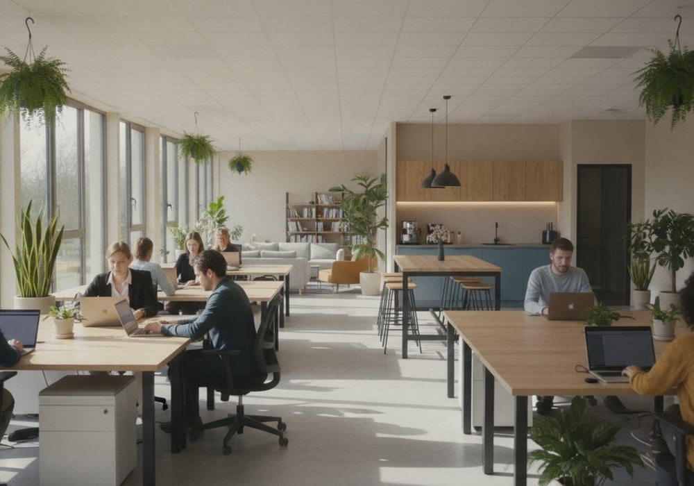 Bureau lumineux avec des collegues au travail un jour de semaine, illustrant l'organisation de la journee de solidarite en entreprise