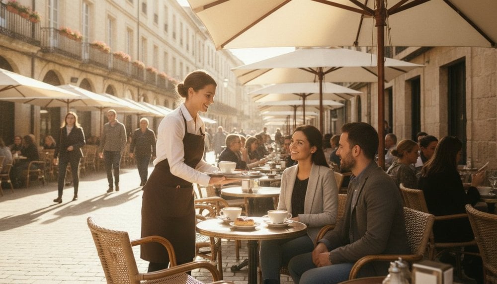 Employé de café servant des clients en terrasse un jour férié d'été