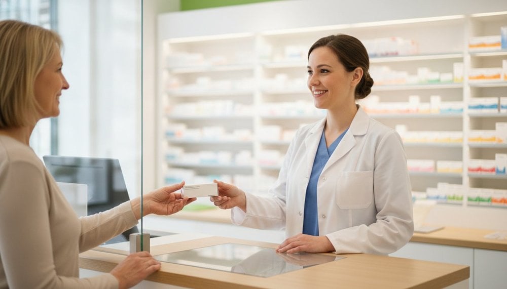 Pharmacien de garde délivrant un médicament au comptoir un jour férié