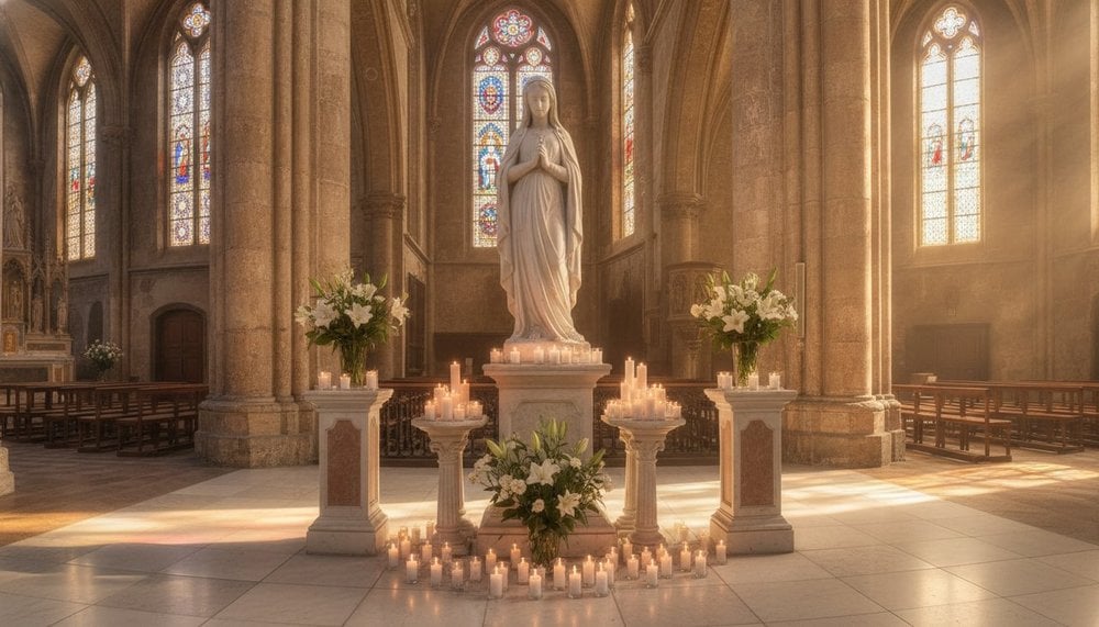 Statue de la Vierge Marie et bougies dans une église lors de l'Assomption du 15 août