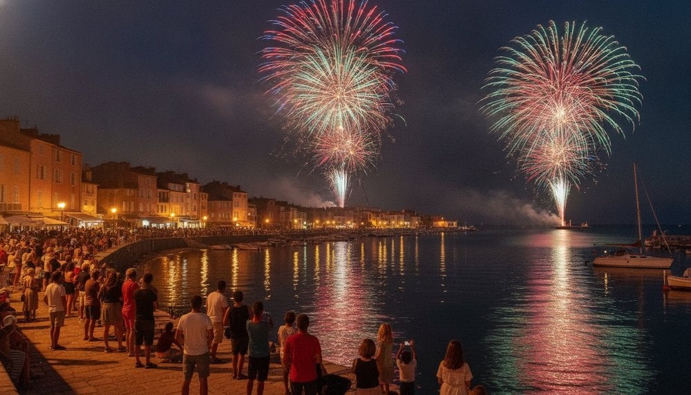 Feu d'artifice du 15 août au-dessus d'un port en France pendant l'été