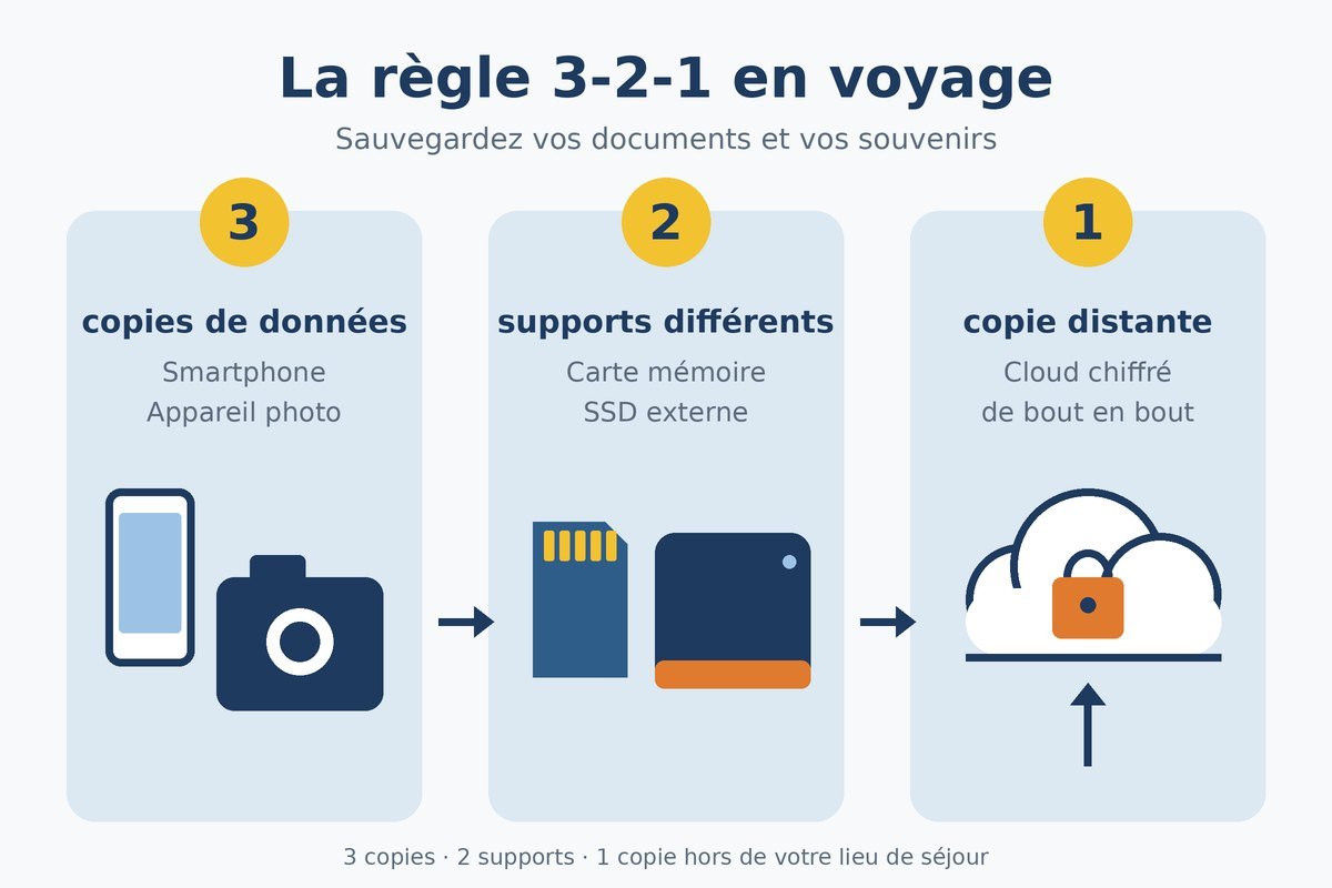 Infographie de la règle 3-2-1 en voyage : 3 copies des données, 2 supports différents, 1 copie distante dans un cloud chiffré