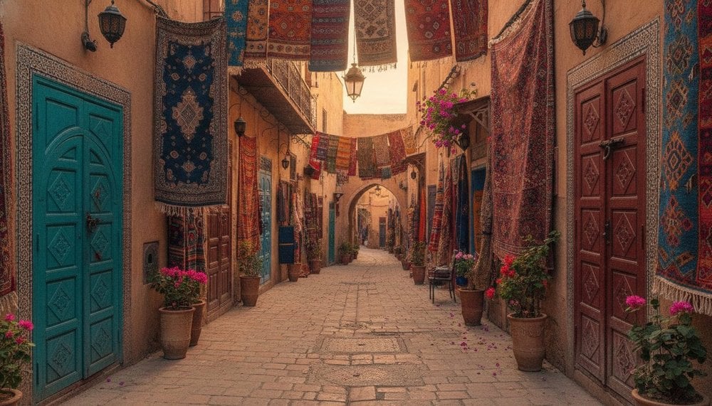 Ruelle colorée d'une médina marocaine sous un ciel de printemps ensoleillé