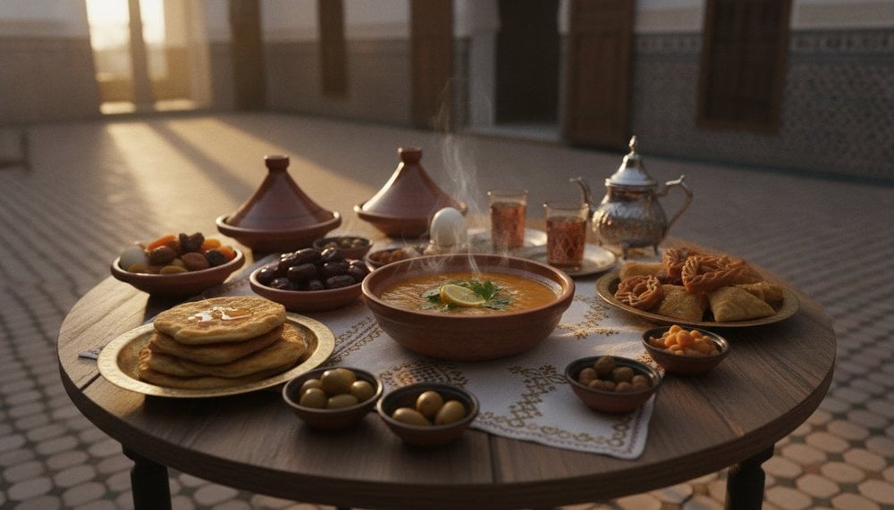 Table d'iftar marocaine garnie de dattes, soupe et pâtisseries au coucher du soleil
