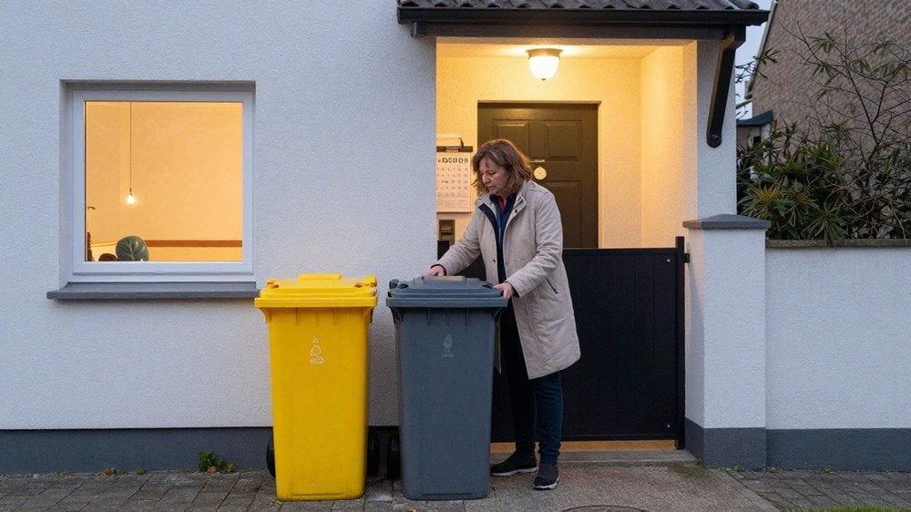 Habitante sortant son bac de déchets ménagers à côté du bac de tri la veille d'un jour férié