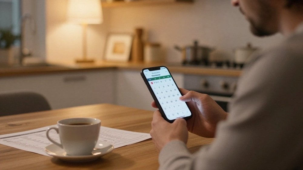 Consultation du calendrier de collecte des déchets sur smartphone à côté d'un calendrier papier