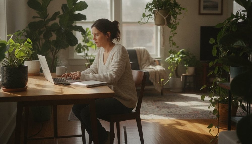 Salariée en télétravail consultant son ordinateur portable à son bureau à domicile