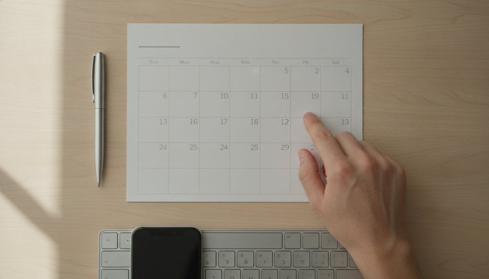 Calendrier mensuel posé sur un bureau à côté d'un ordinateur portable et d'un smartphone