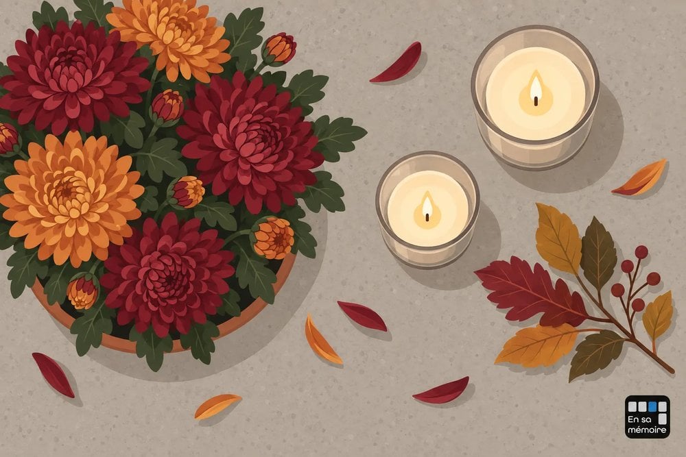 Bouquet de chrys tothèmes et feuillages d’automne avec bougies votives sur une table, ambiance Toussaint 2026 cimetière.
