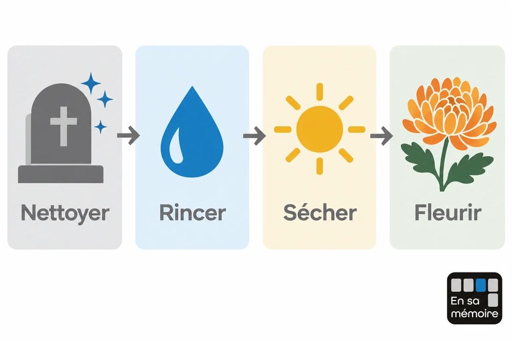 Processus en quatre étapes : Nettoyer, Rincer, Sécher puis Fleurir une tombe, illustration pédagogique pour Toussaint 2026 cimetière.