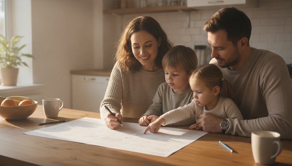 Famille préparant ses vacances scolaires avec un calendrier