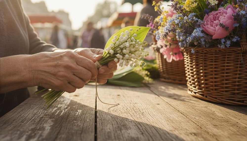 Préparation de brins de muguet dans un panier pour la vente du 1er mai