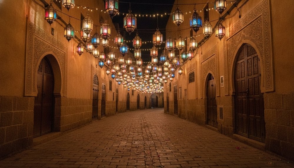 Ruelle d'une médina illuminée le soir pendant une fête religieuse, ambiance festive
