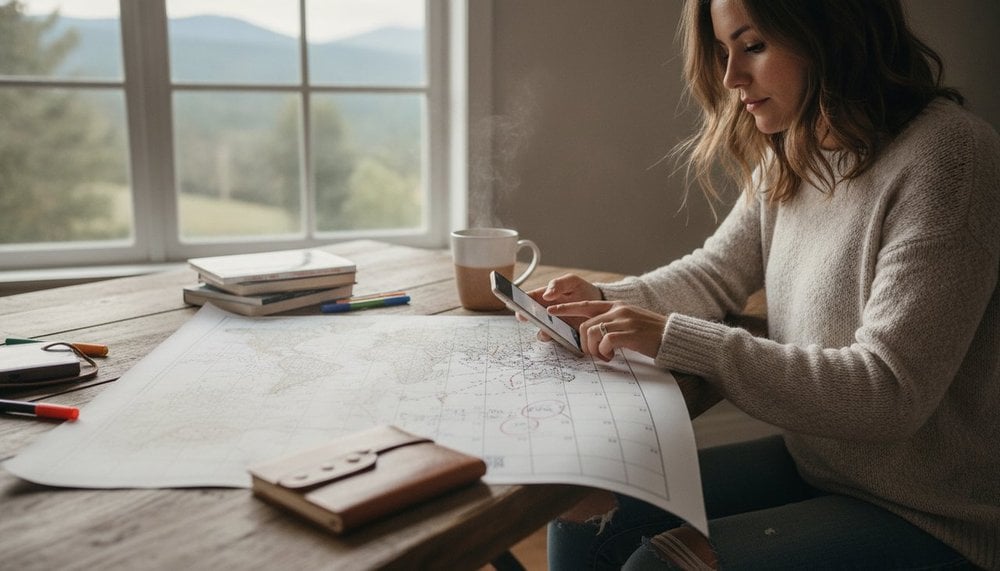 Voyageuse consultant un calendrier et une carte pour planifier un voyage autour des fêtes