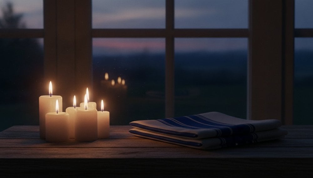bougies allumees et chale de priere pour la solennite de yom kippour au coucher du soleil