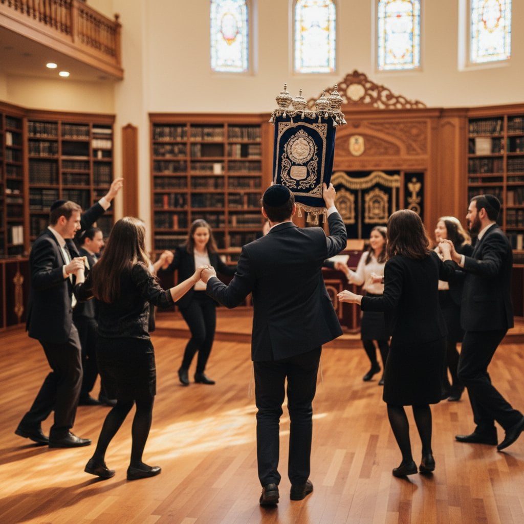 Simhat Torah — rouleau de la Torah dans son housse de velours bleu brodé d'or, danse rituelle des hakafot dans la synagogue
