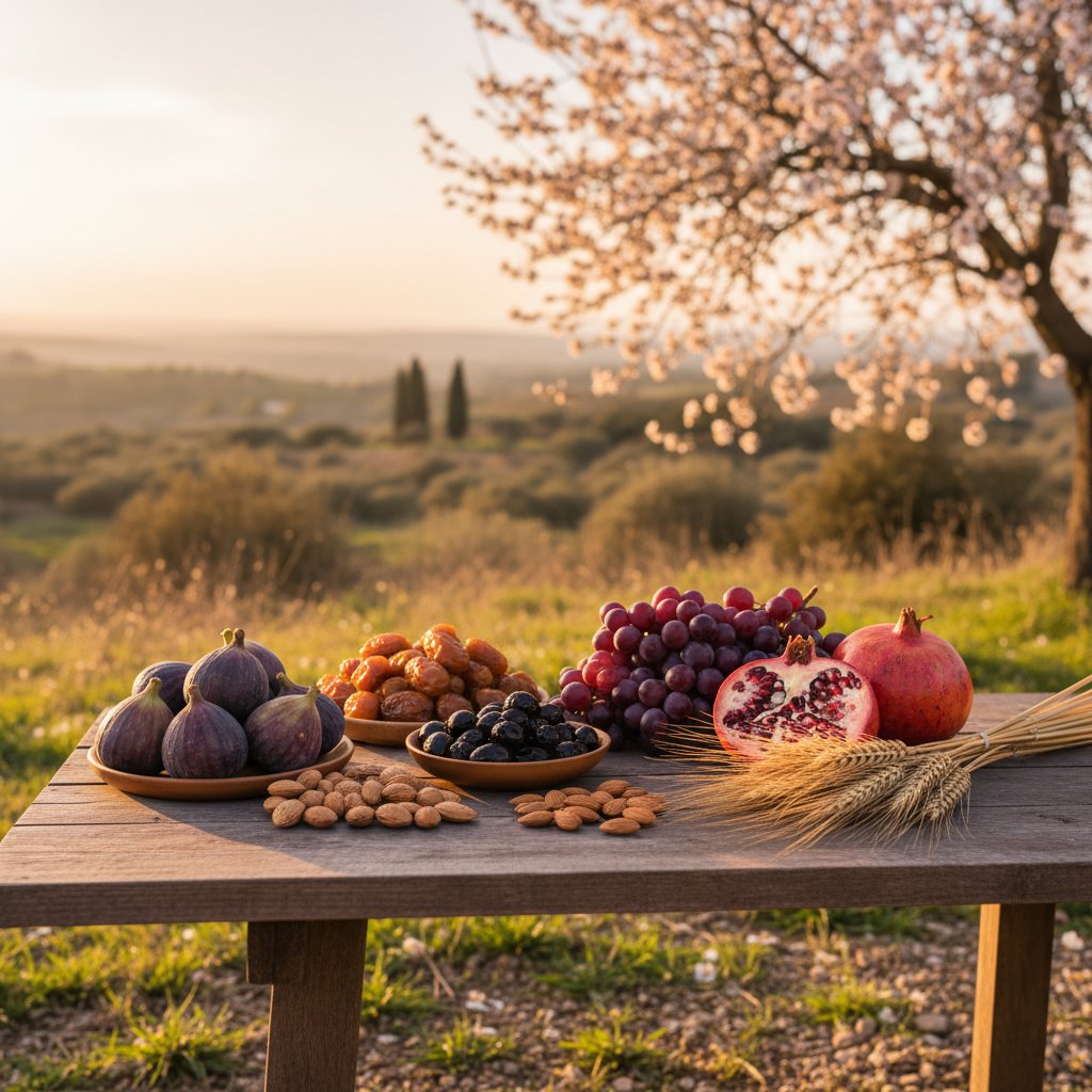 Tou BiShvat — fruits des 7 espèces d'Israël (figues, dattes, raisin, olives, grenade) sur table de bois en plein air, amandier en fleur en arrière-plan