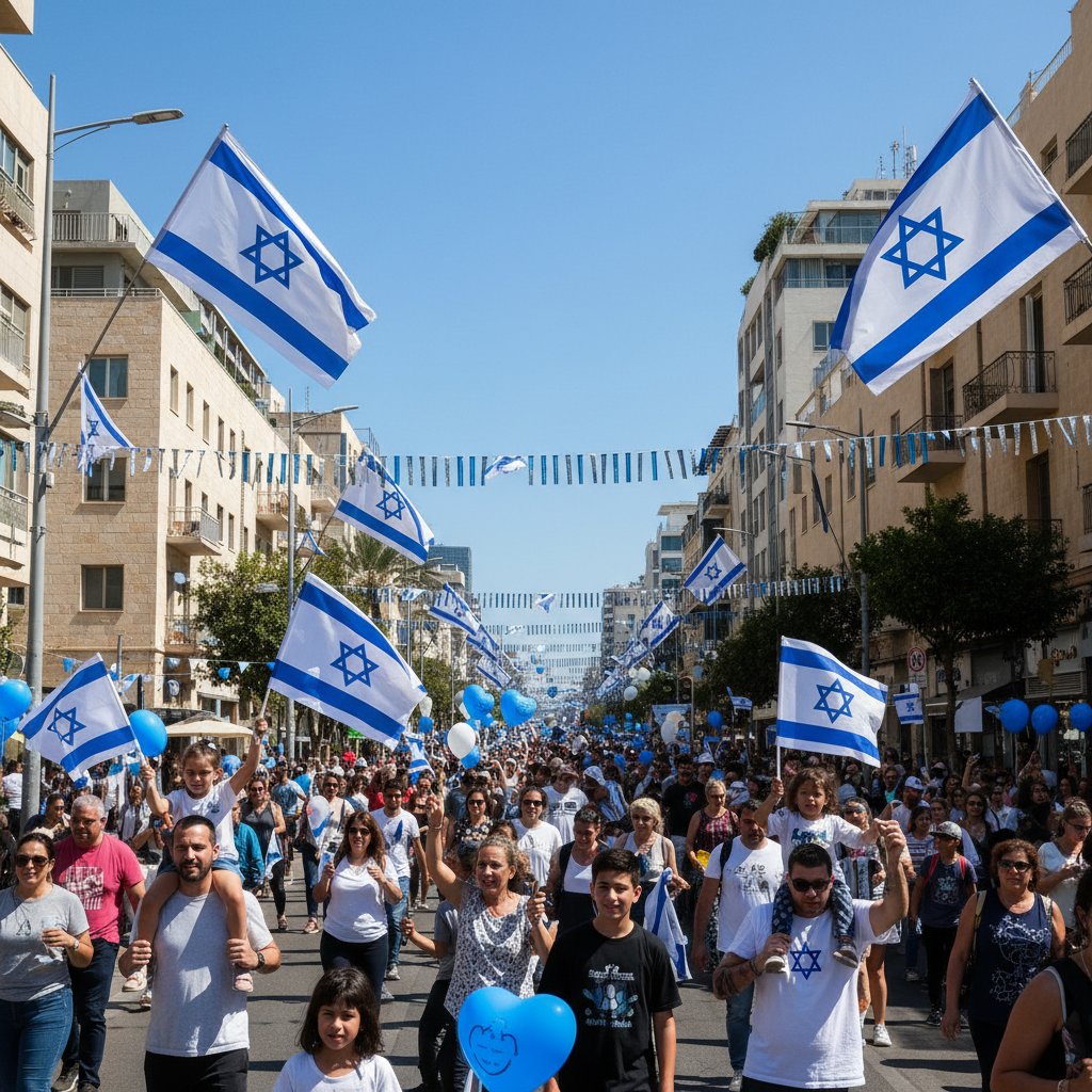 Yom HaAtsmaout — drapeaux bleu et blanc d'Israël flottant dans une rue de Tel-Aviv le jour de l'Indépendance