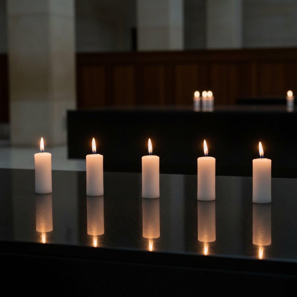Yom HaShoah — 6 bougies blanches commémoratives allumées sur pierre noire, mémoire des 6 millions de victimes